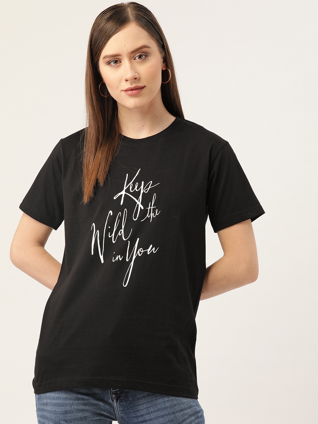 

YOLOCLAN Women Black White Printed Round Neck Pure Cotton T-shirt