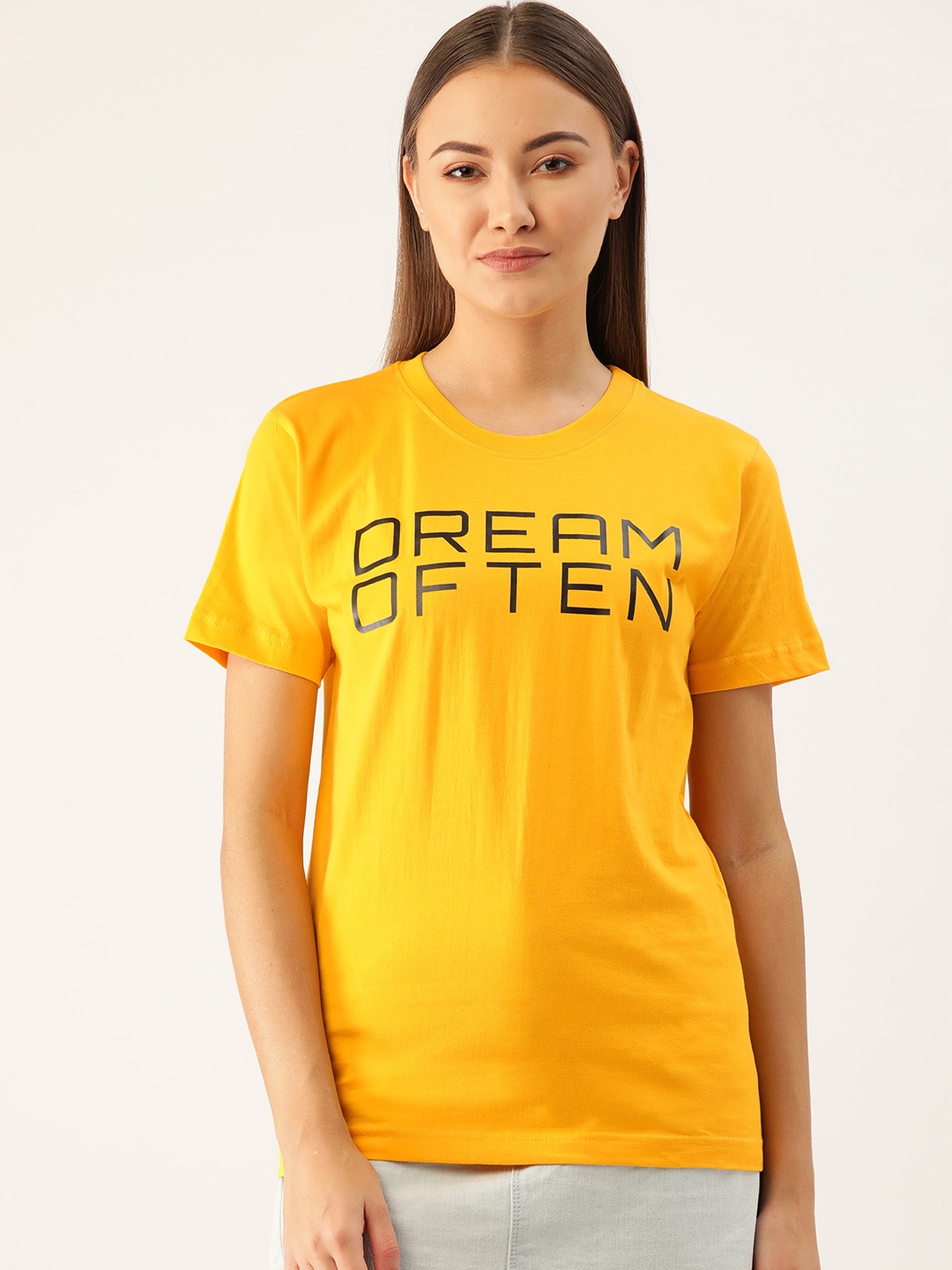 

YOLOCLAN Women Yellow Black Printed Round Neck Pure Cotton T-shirt