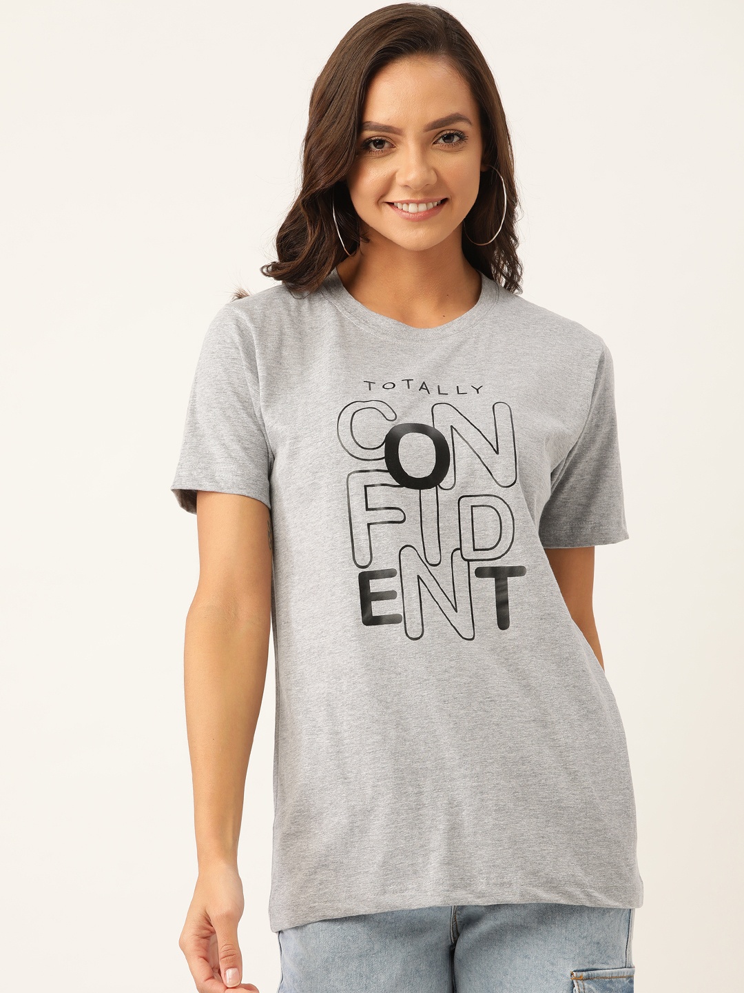 

YOLOCLAN Women Grey Melange Black Printed Round Neck Pure Cotton T-shirt