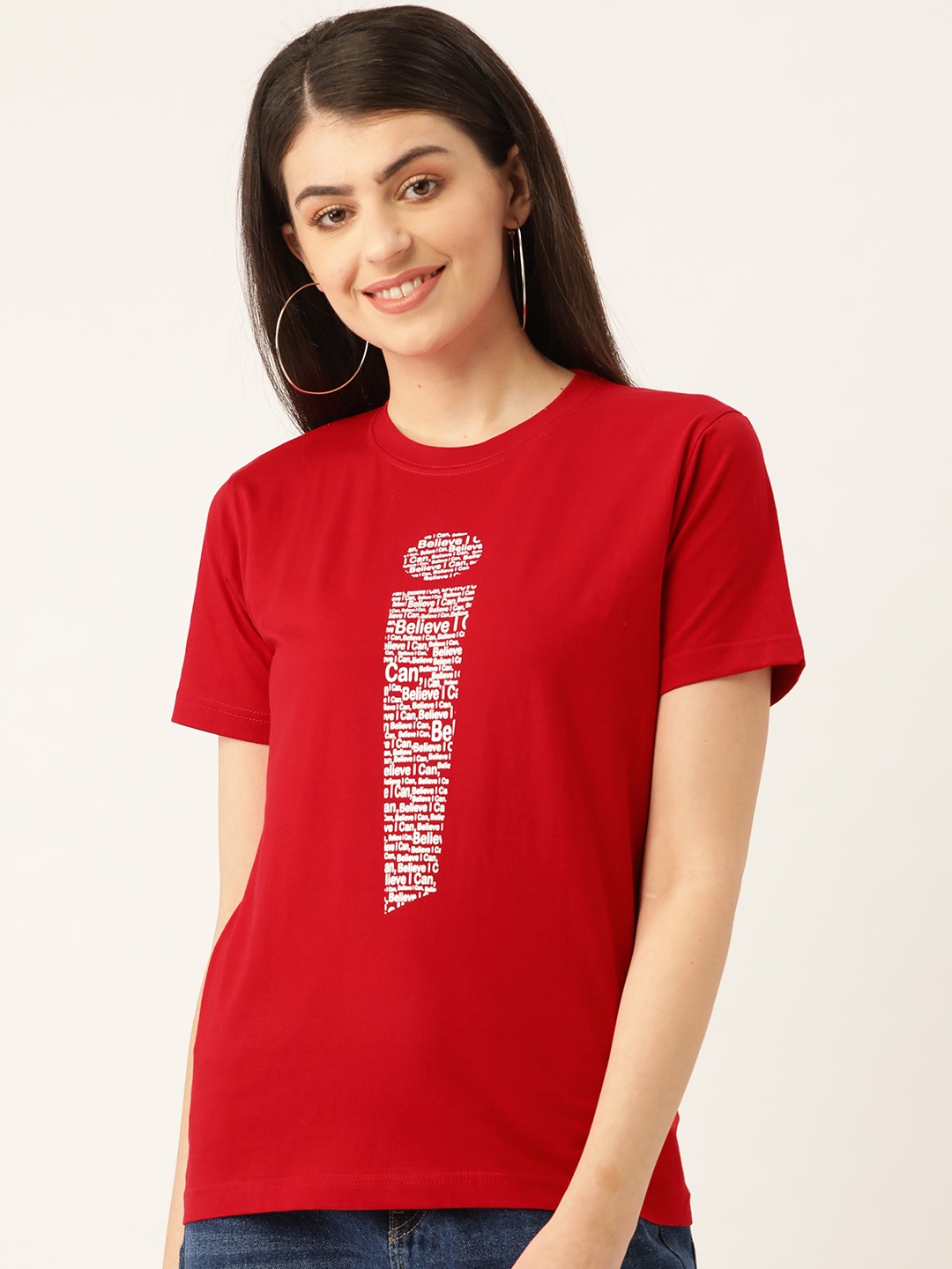 

YOLOCLAN Women Red White Printed Round Neck Pure Cotton T-shirt