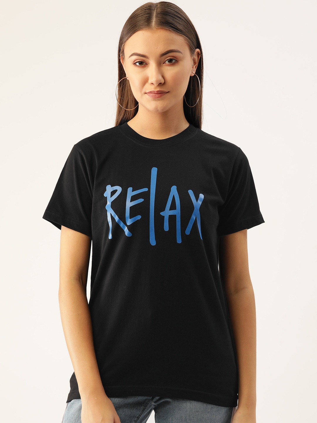 

YOLOCLAN Women Black Blue Printed Round Neck Pure Cotton T-shirt