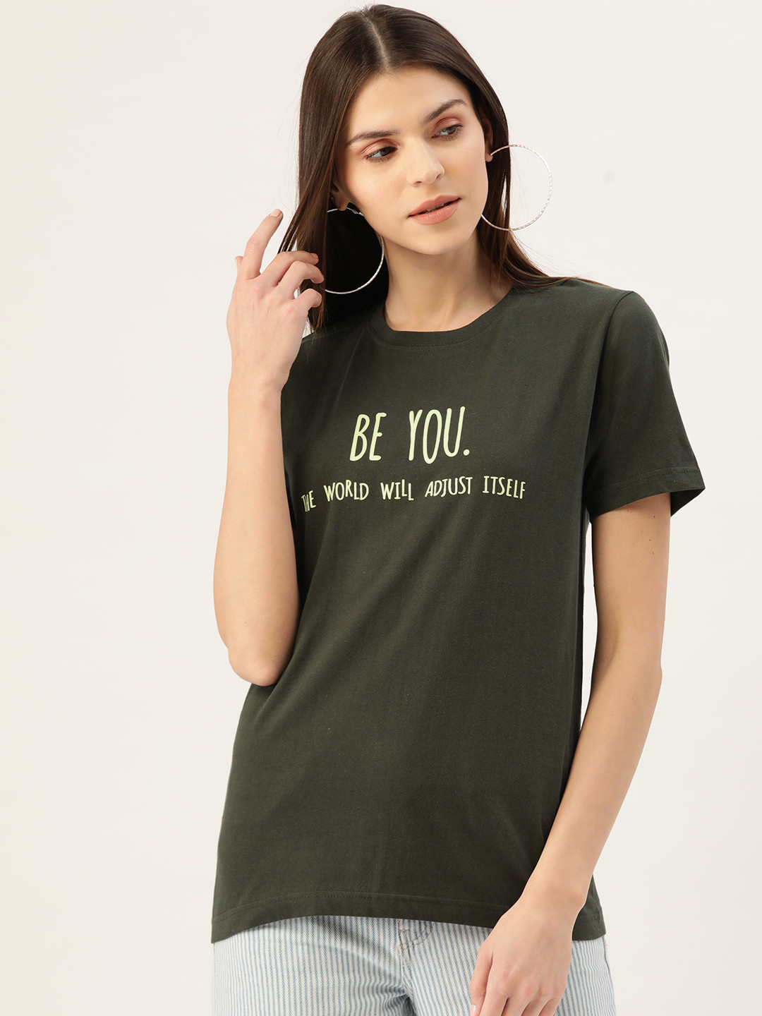 

YOLOCLAN Women Olive Green Printed Round Neck T-shirt