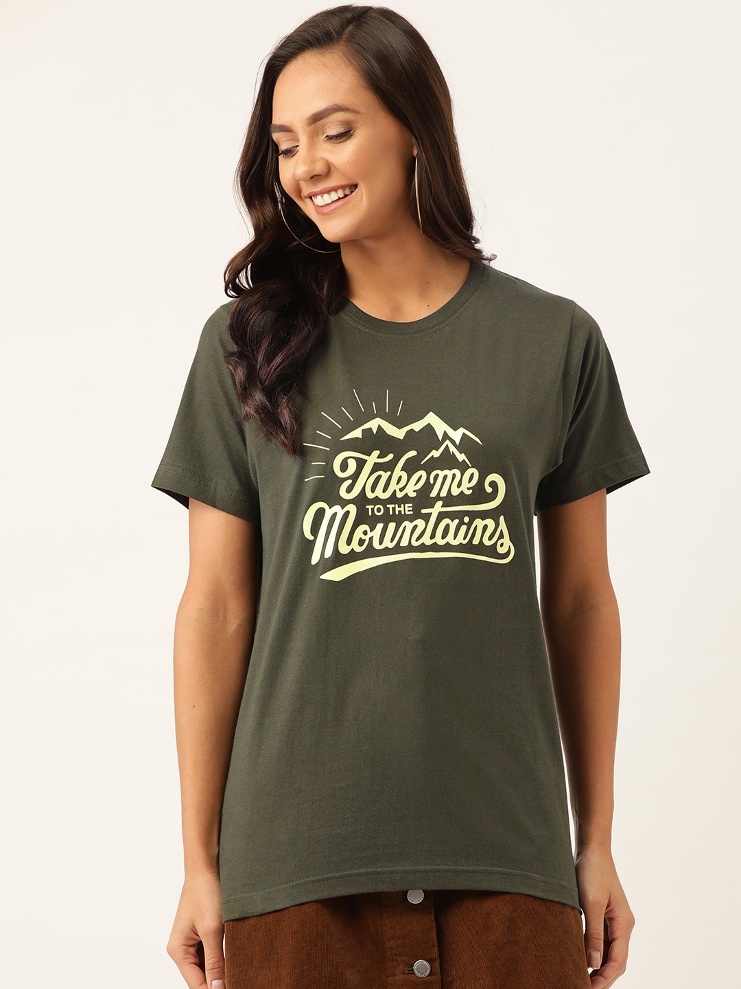 

YOLOCLAN Women Olive Green Cream-Coloured Printed Round Neck Pure Cotton T-shirt