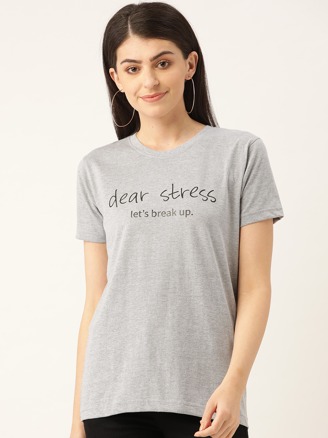 

YOLOCLAN Women Grey Melange Black Printed Round Neck Pure Cotton T-shirt