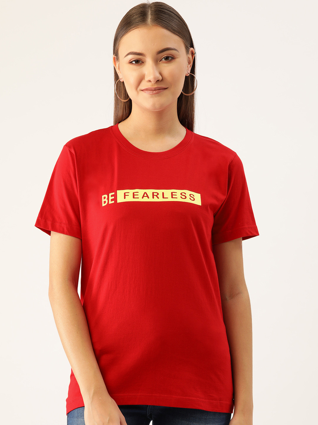

YOLOCLAN Women Red Solid Round Neck Pure Cotton T-shirt