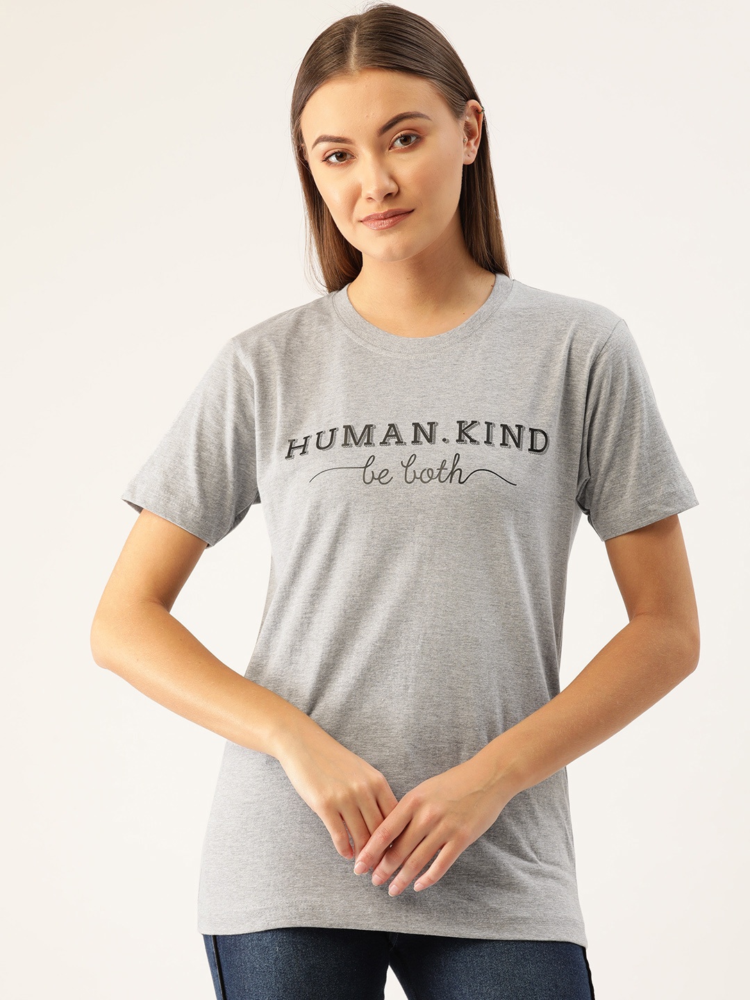 

YOLOCLAN Women Grey Melange & Black Printed Round Neck T-shirt