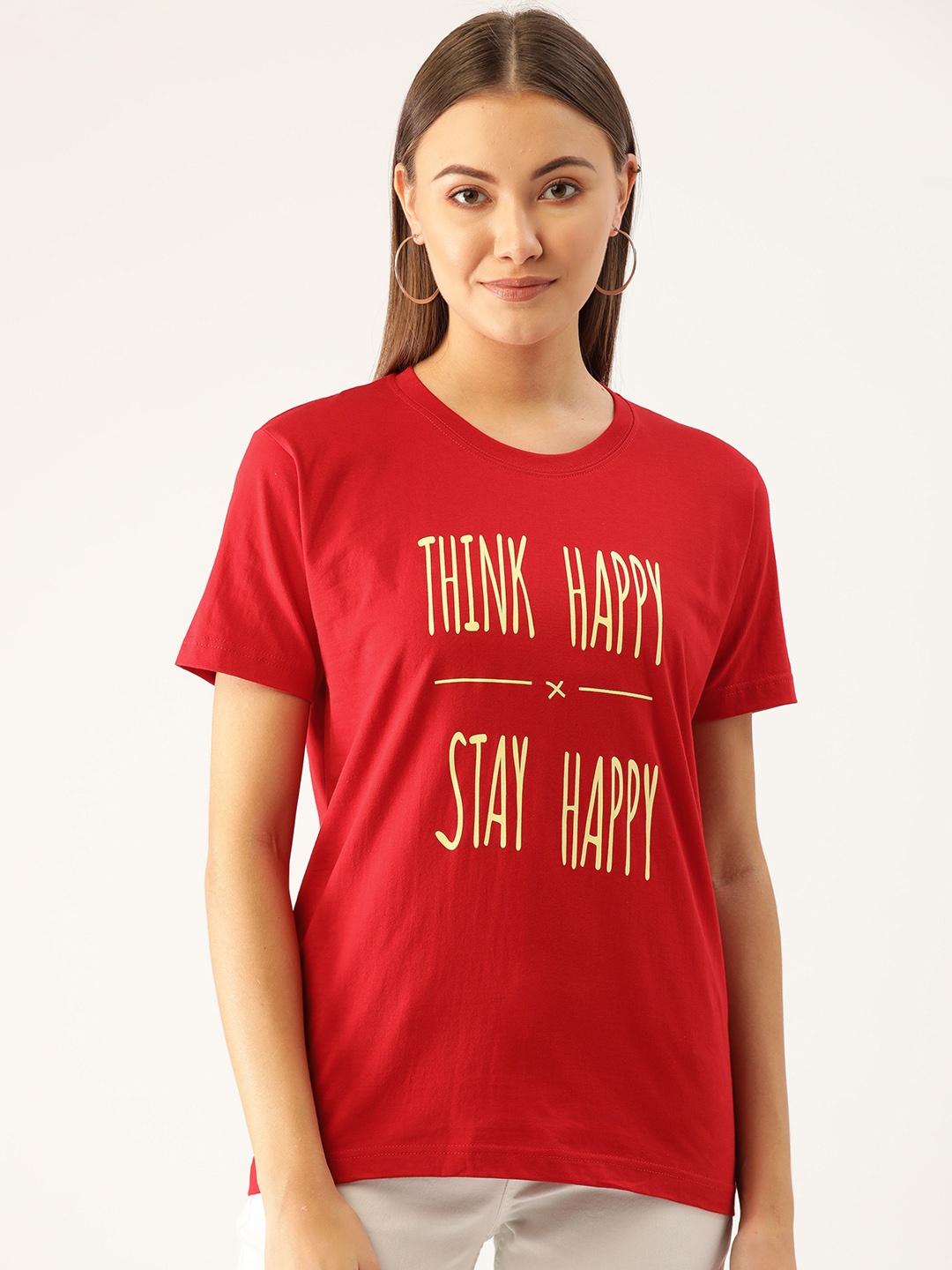 

YOLOCLAN Women Red Cream-Coloured Printed Round Neck Pure Cotton T-shirt