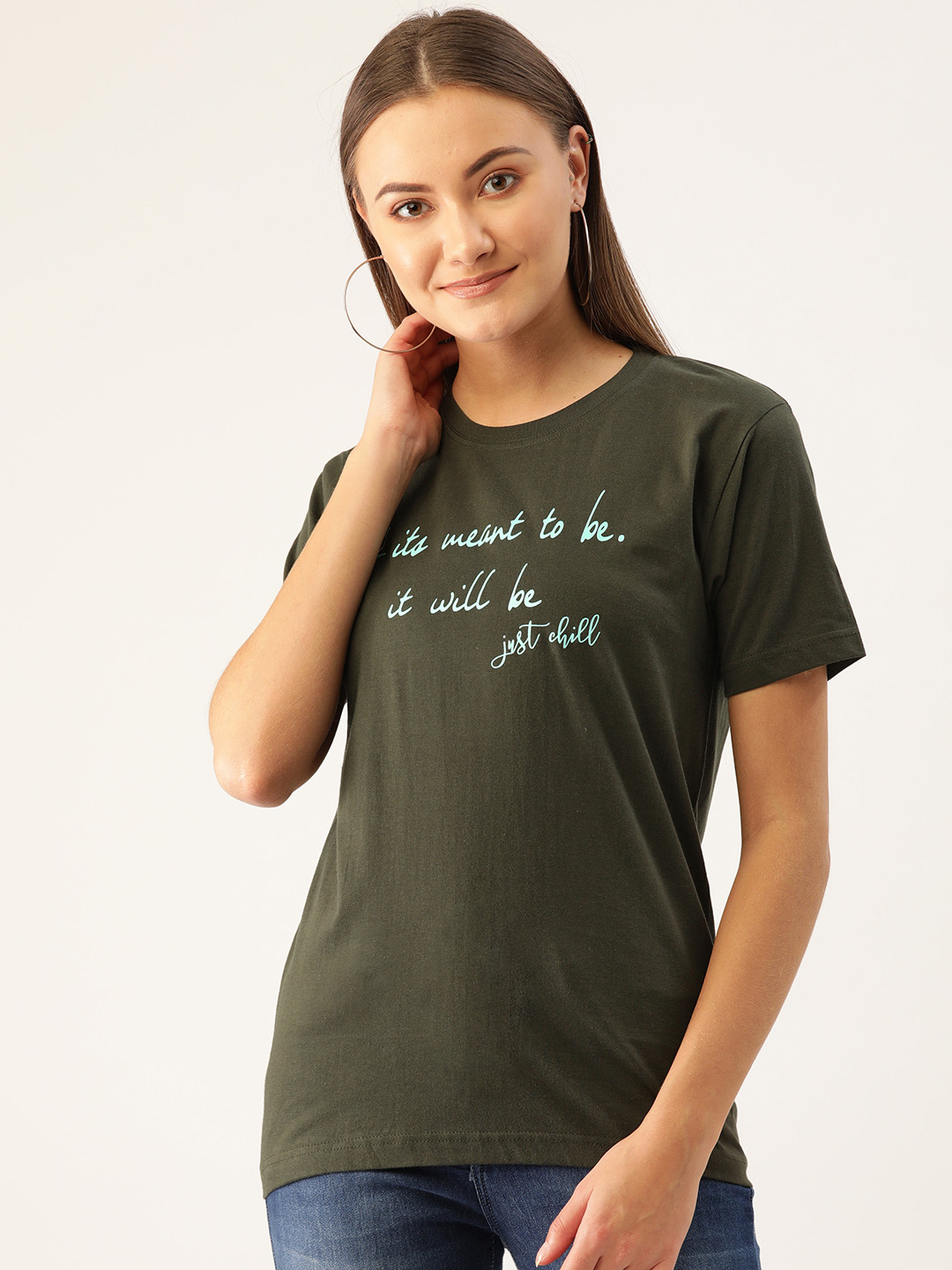 

YOLOCLAN Women Olive Green Blue Printed Round Neck Pure Cotton T-shirt