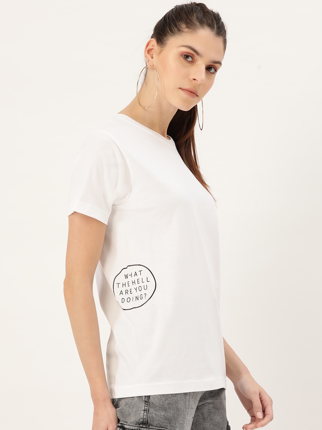 

YOLOCLAN Women White Printed Detail Round Neck T-shirt
