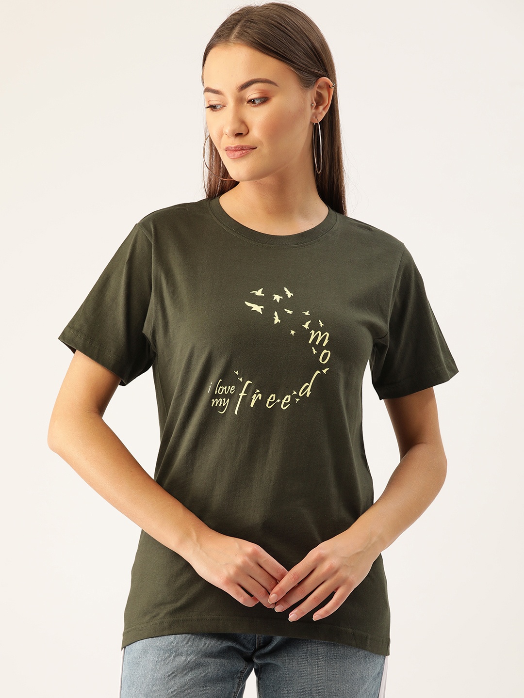 

YOLOCLAN Women Olive Green cream-Coloured Printed Round Neck Pure Cotton T-shirt