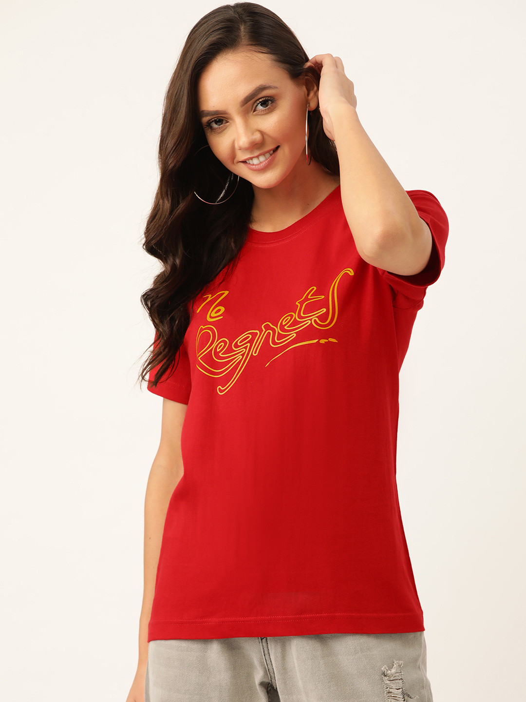 

YOLOCLAN Women Red Mustard Yellow Printed Round Neck Pure Cotton T-shirt