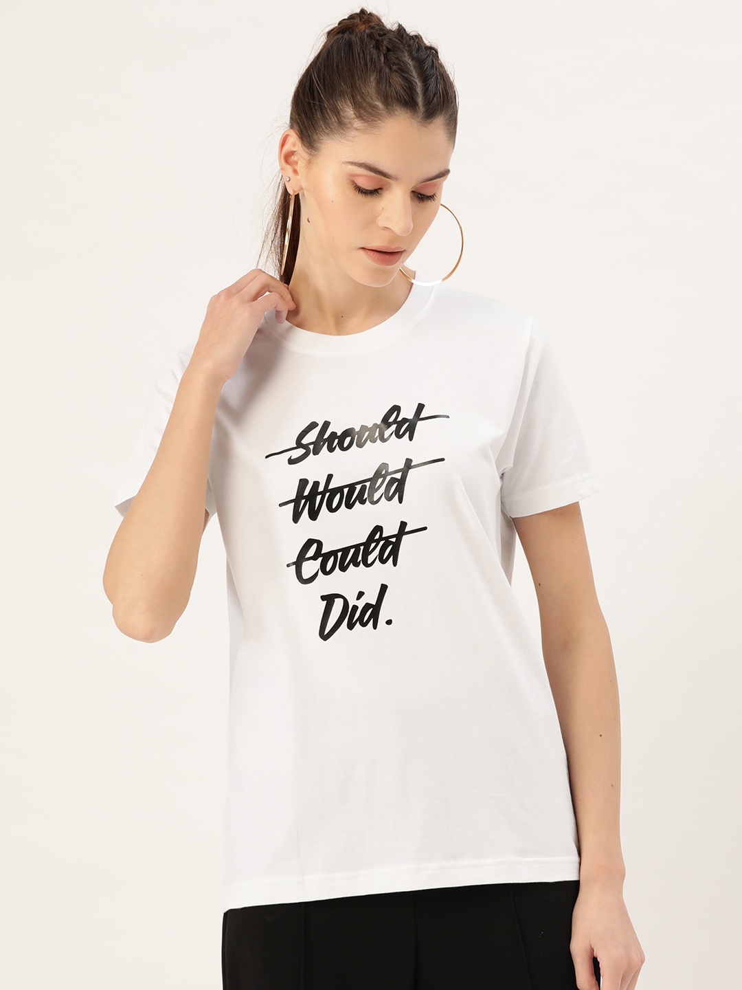 

YOLOCLAN Women White & Black Printed Round Neck T-shirt