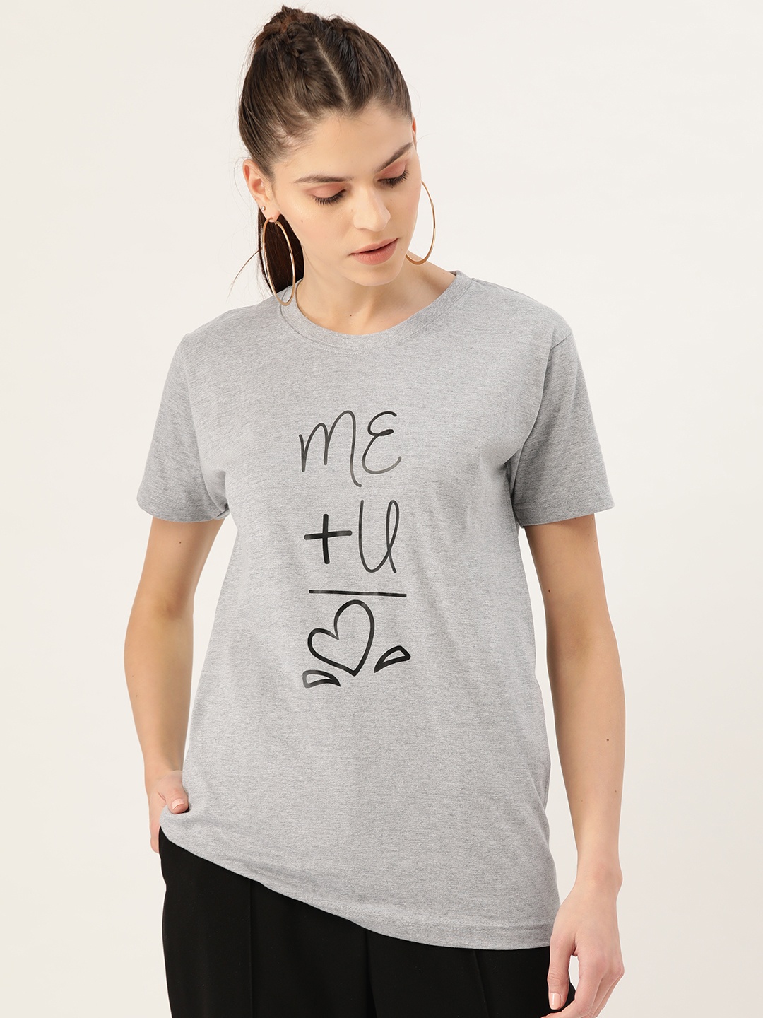 

YOLOCLAN Women Grey Melange & Black Printed Round Neck T-shirt