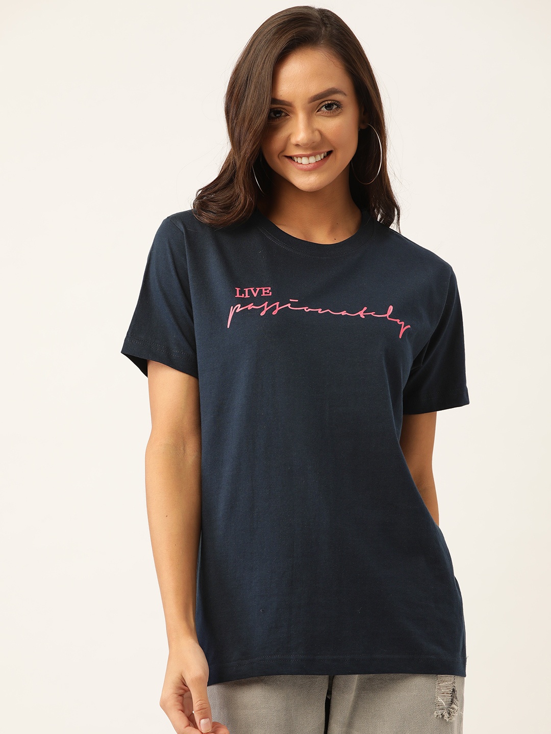 

YOLOCLAN Women Navy Blue & Pink Printed Round Neck T-shirt