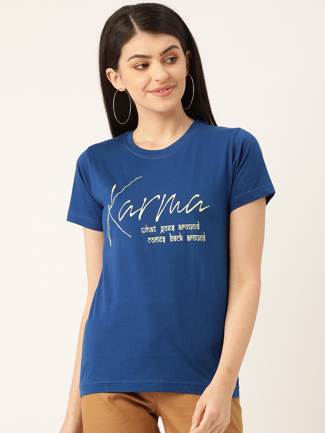 

YOLOCLAN Women Blue & Yellow Printed Round Neck T-shirt