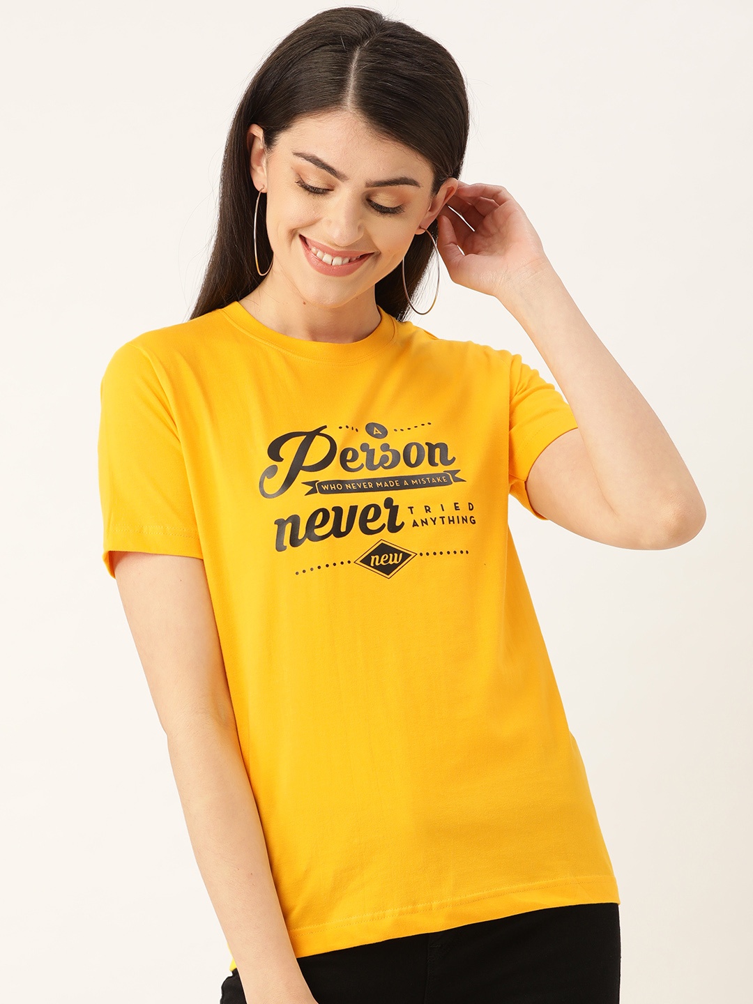 

YOLOCLAN Women Yellow & Black Printed Round Neck T-shirt