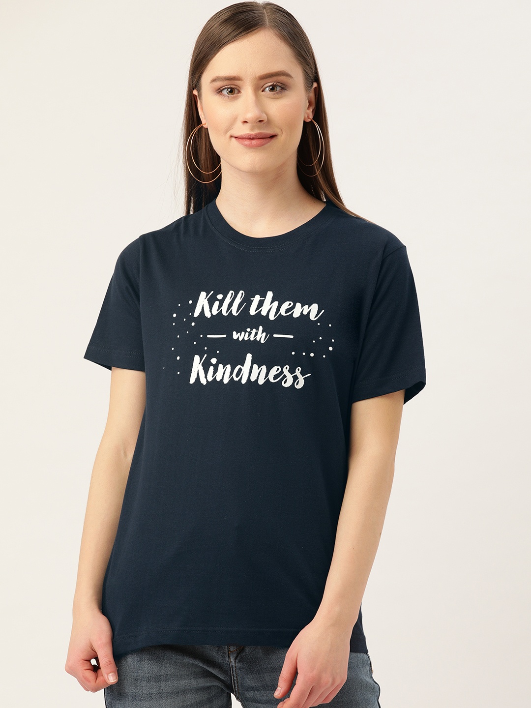 

YOLOCLAN Women Navy Blue White Printed Round Neck Pure Cotton T-shirt