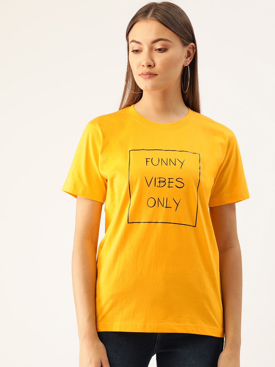 

YOLOCLAN Women Yellow & Black Printed Round Neck T-shirt