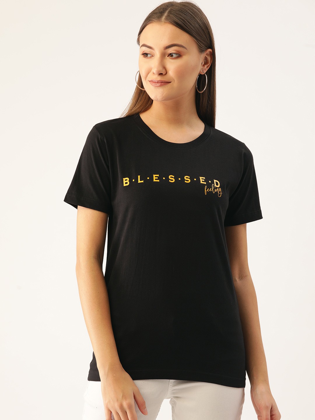 

YOLOCLAN Women Black & Mustard Yellow Printed Round Neck T-shirt