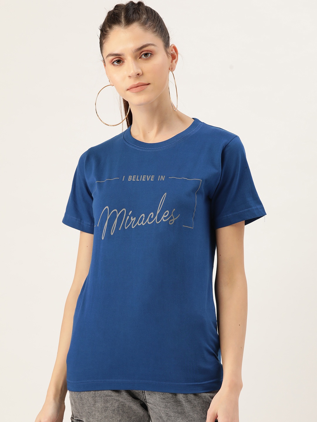 

YOLOCLAN Women Blue & Grey Printed Round Neck T-shirt