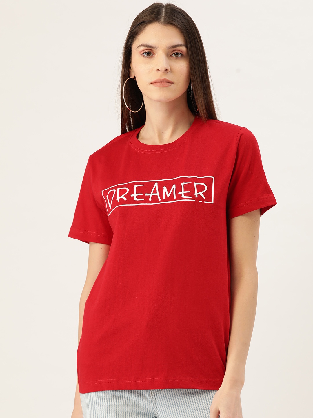 

YOLOCLAN Women Red Printed Detail Round Neck T-shirt