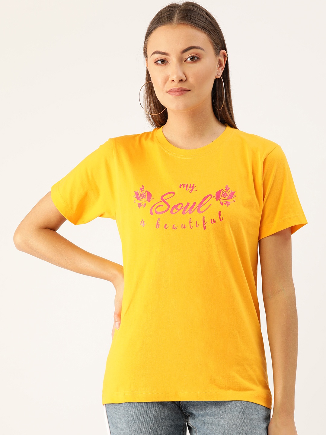 

YOLOCLAN Women Yellow Pink Printed Round Neck Pure Cotton T-shirt