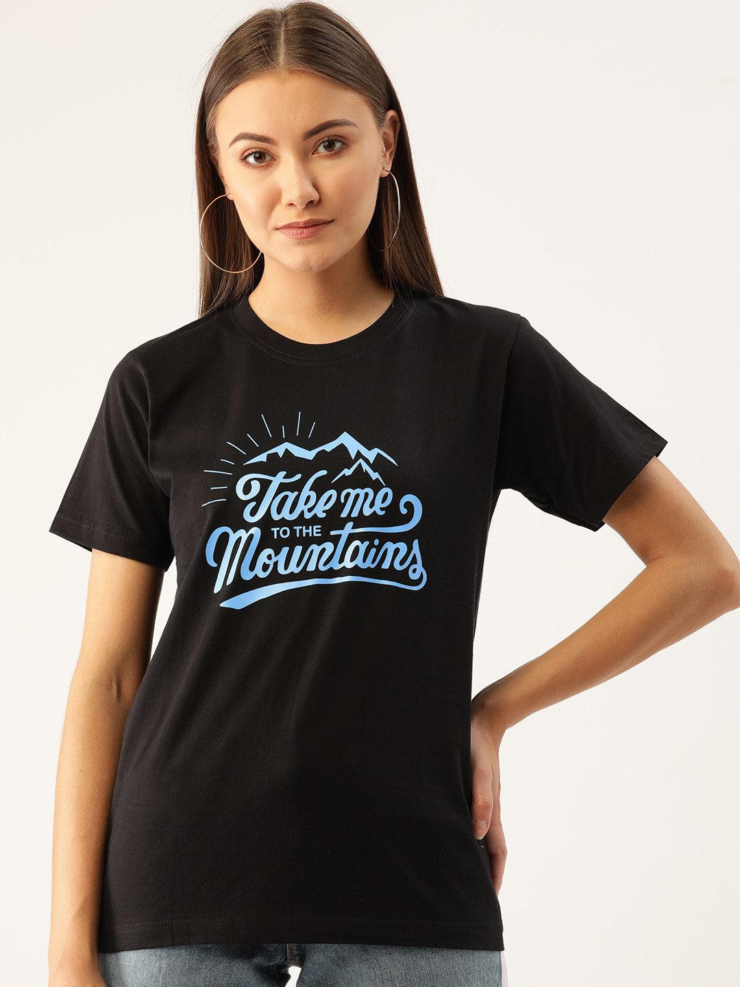 

YOLOCLAN Women Black Blue Printed Round Neck Pure Cotton T-shirt
