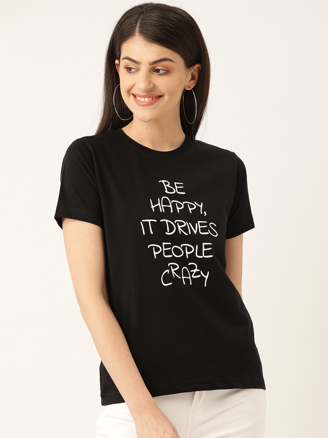 

YOLOCLAN Women Black White Printed Round Neck Pure Cotton T-shirt