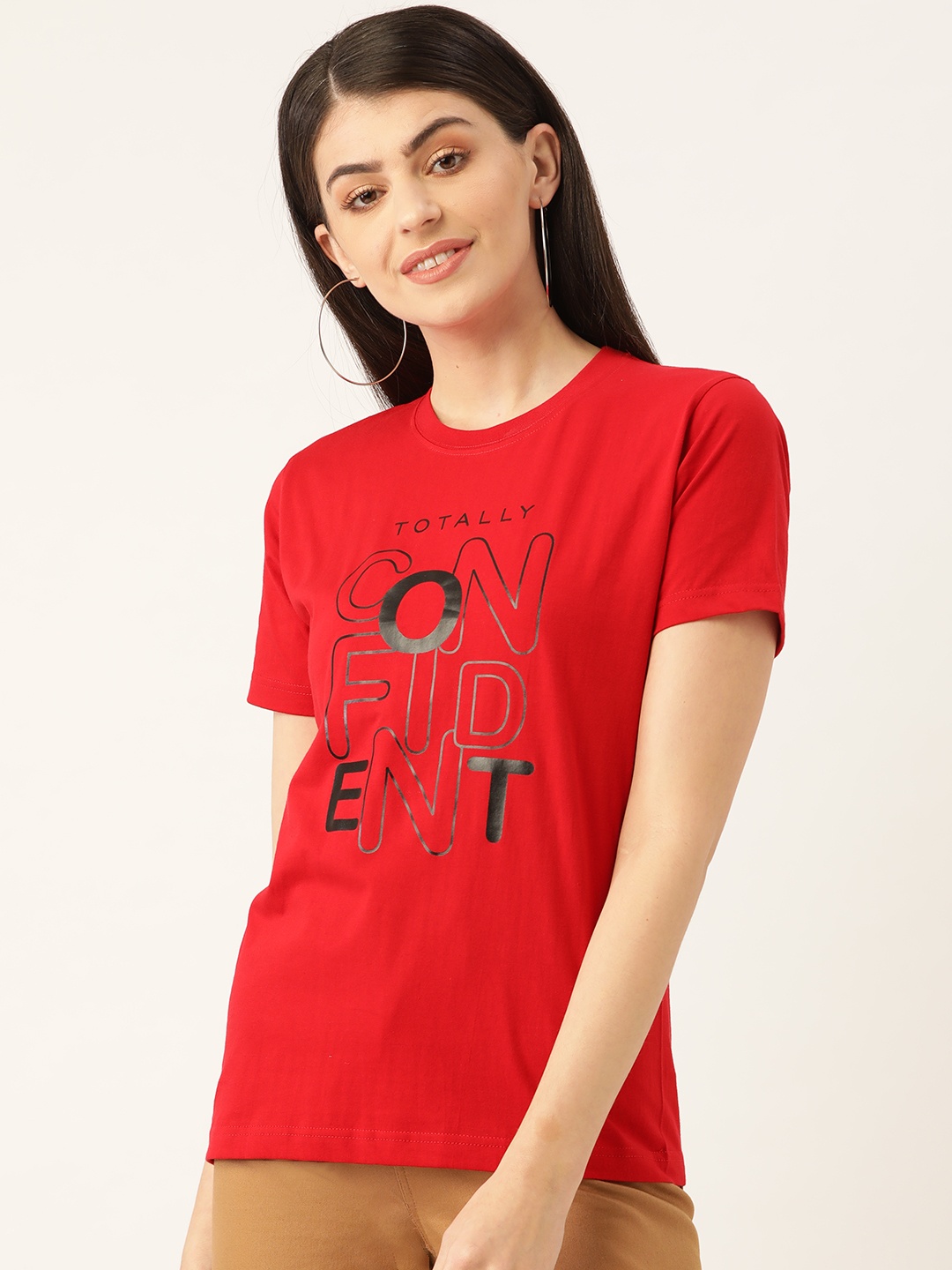

YOLOCLAN Women Red & Black Printed Round Neck T-shirt