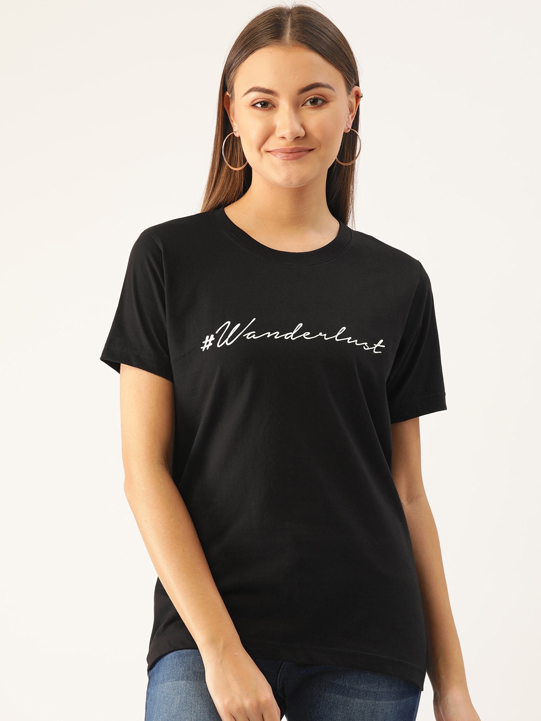 

YOLOCLAN Women Black Solid Round Neck Pure Cotton T-shirt