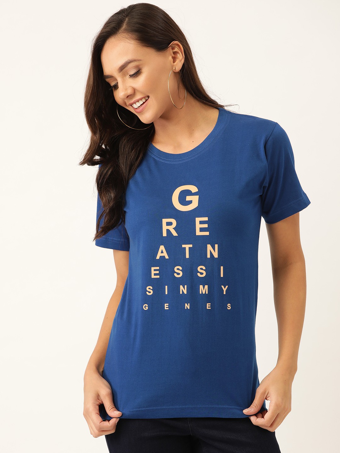 

YOLOCLAN Women Blue & Perach-Coloured Printed Round Neck T-shirt