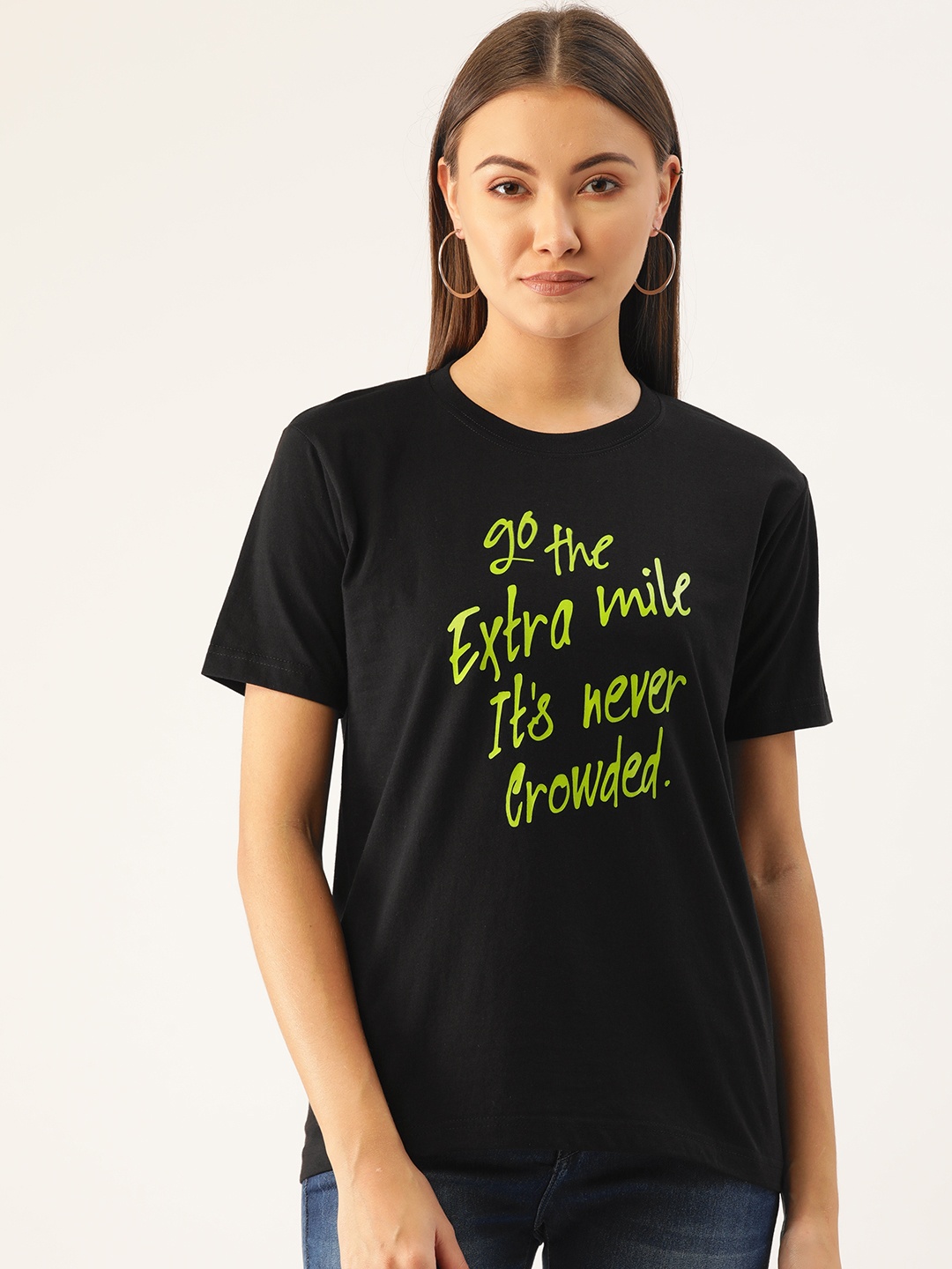 

YOLOCLAN Women Black Green Printed Round Neck Pure Cotton T-shirt