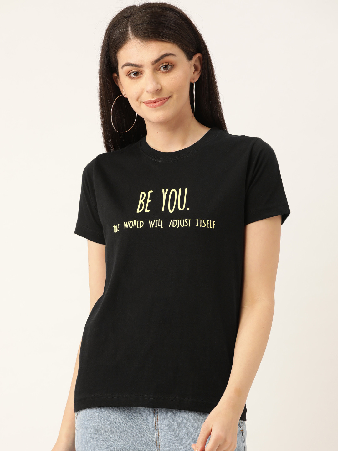 

YOLOCLAN Women Black & Yellow Printed Round Neck T-shirt