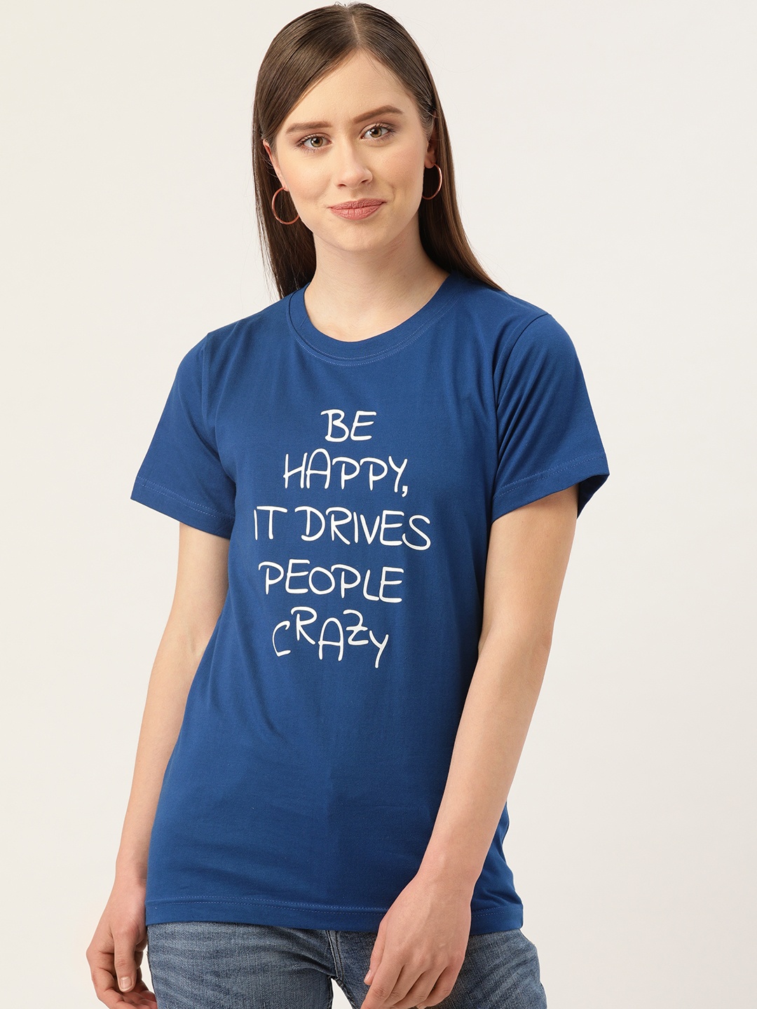 

YOLOCLAN Women Blue White Printed Round Neck Pure Cotton T-shirt