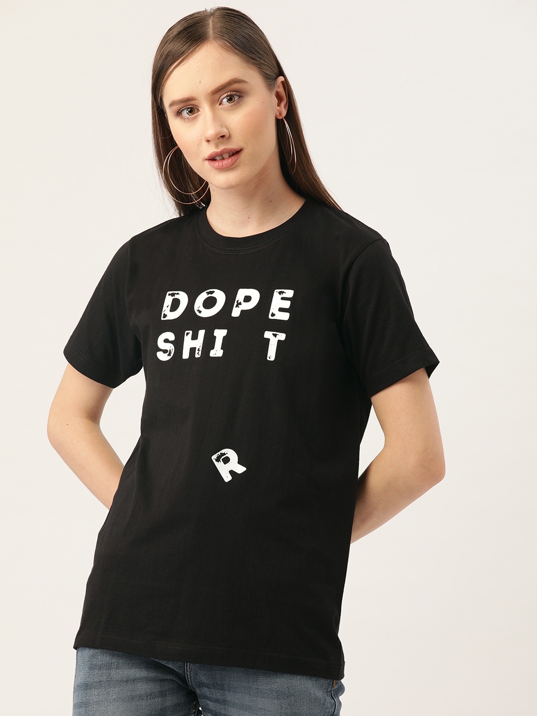 

YOLOCLAN Women Black White Printed Round Neck Pure Cotton T-shirt