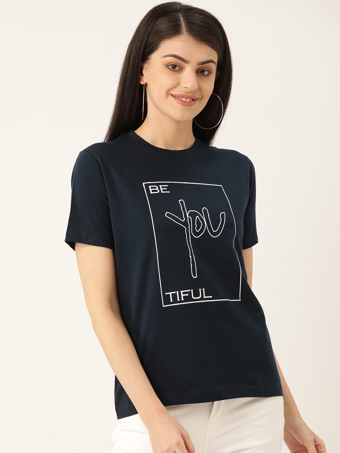 

YOLOCLAN Women Navy Blue White Printed Pure Cotton T-shirt