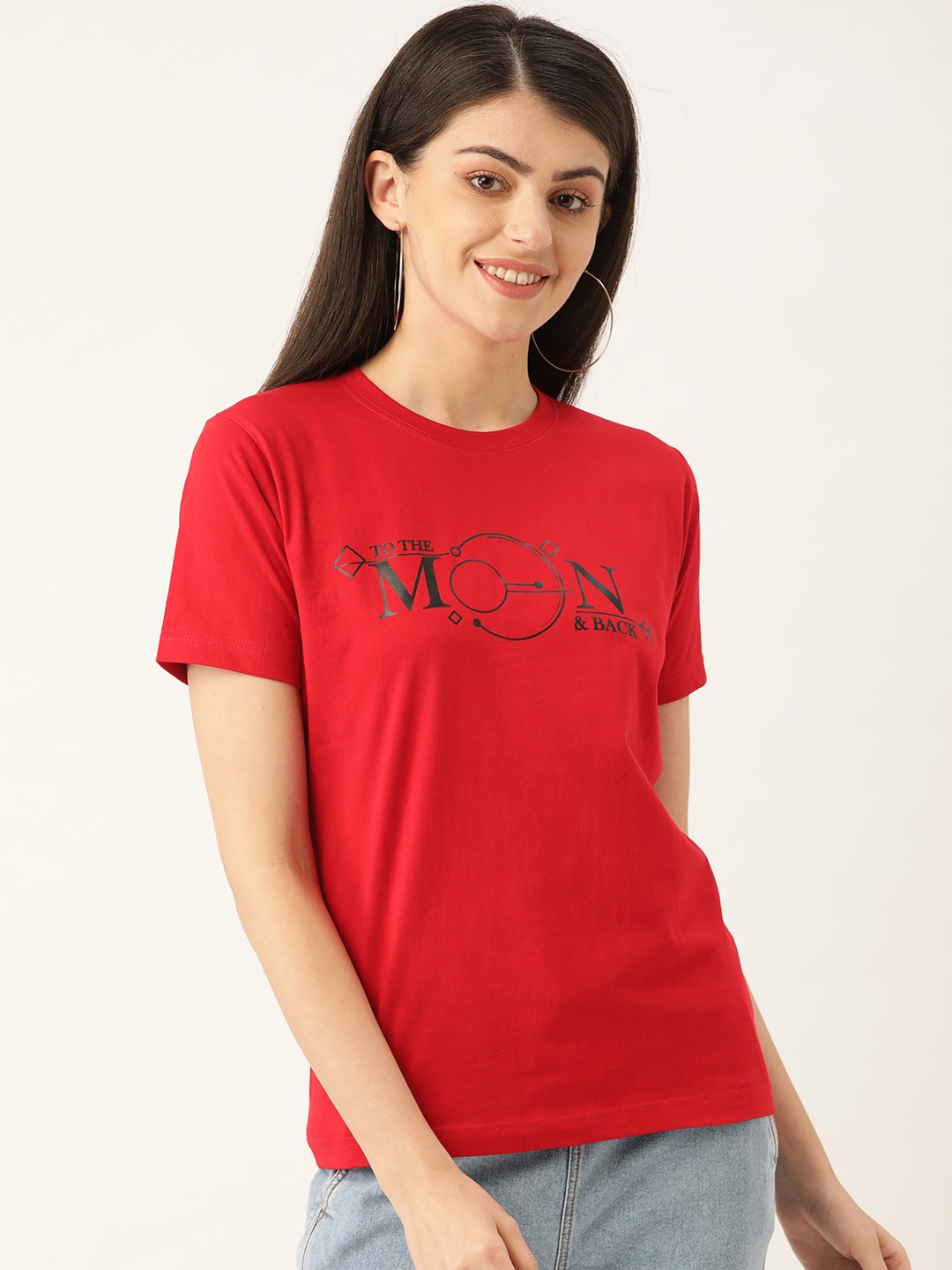 

YOLOCLAN Women Red & Black Printed Round Neck T-shirt