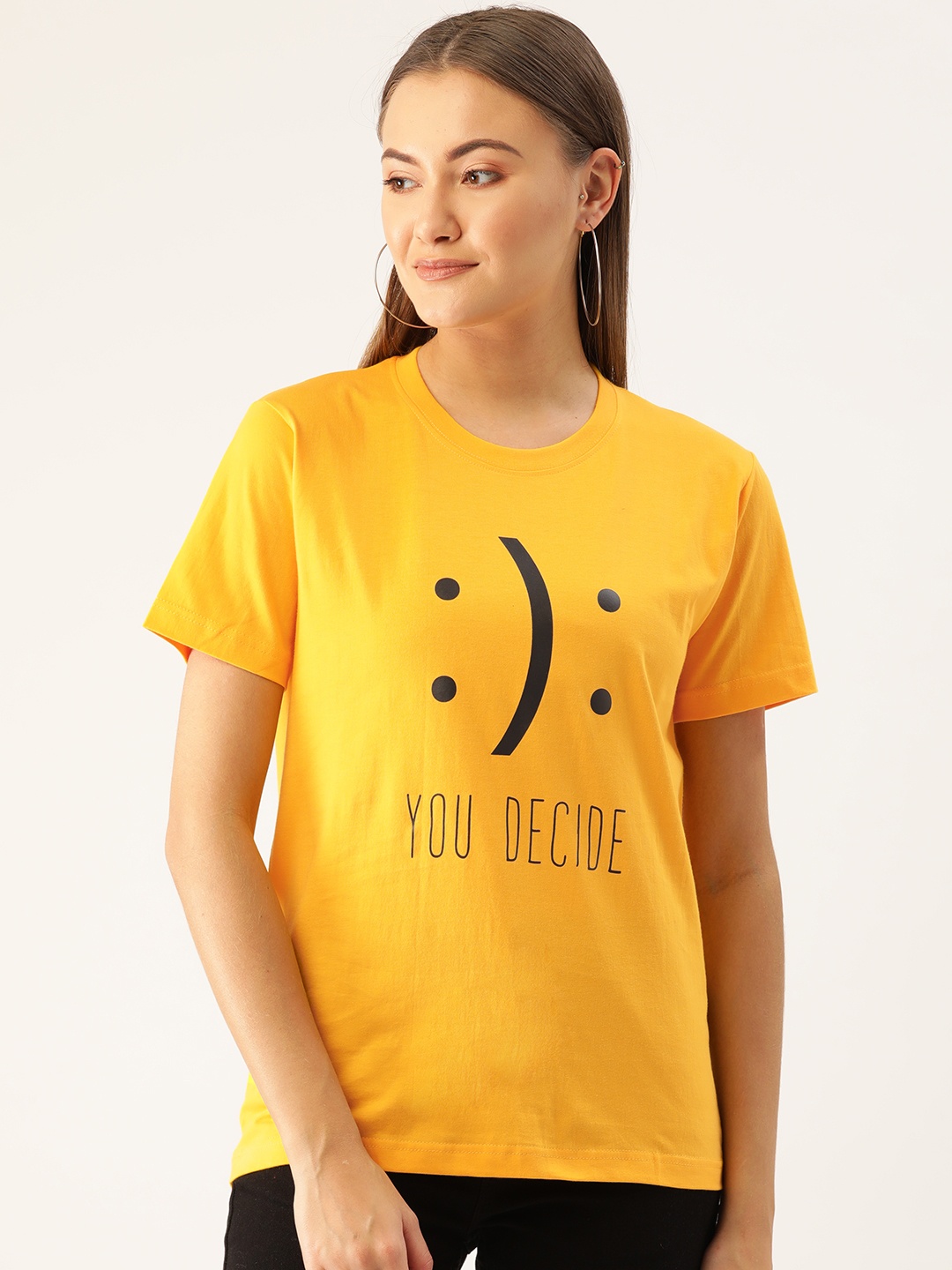 

YOLOCLAN Women Yellow Black Printed Round Neck Pure Cotton T-shirt