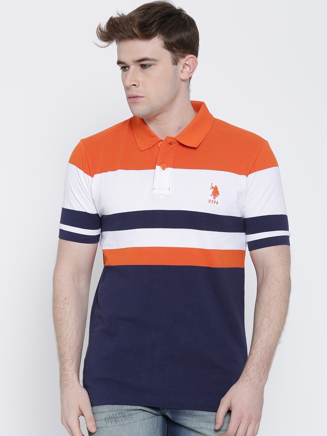 

U.S. Polo Assn. Orange Navy Striped Polo Pure Cotton T-shirt