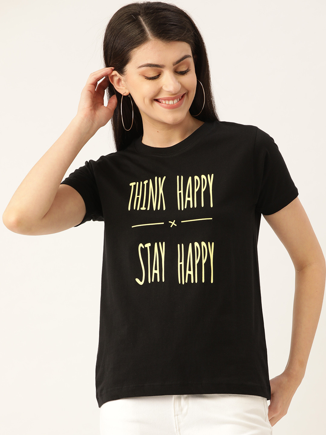 

YOLOCLAN Women Black Yellow Printed Round Neck Pure Cotton T-shirt