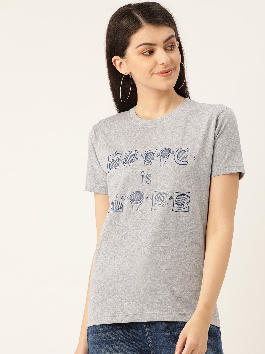 

YOLOCLAN Women Grey Melange Blue Printed Round Neck Pure Cotton T-shirt