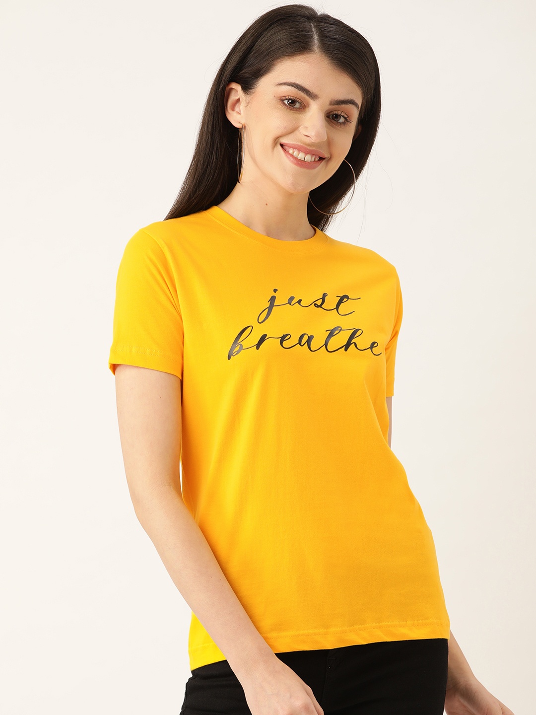 

YOLOCLAN Women Yellow & Black Printed Round Neck T-shirt