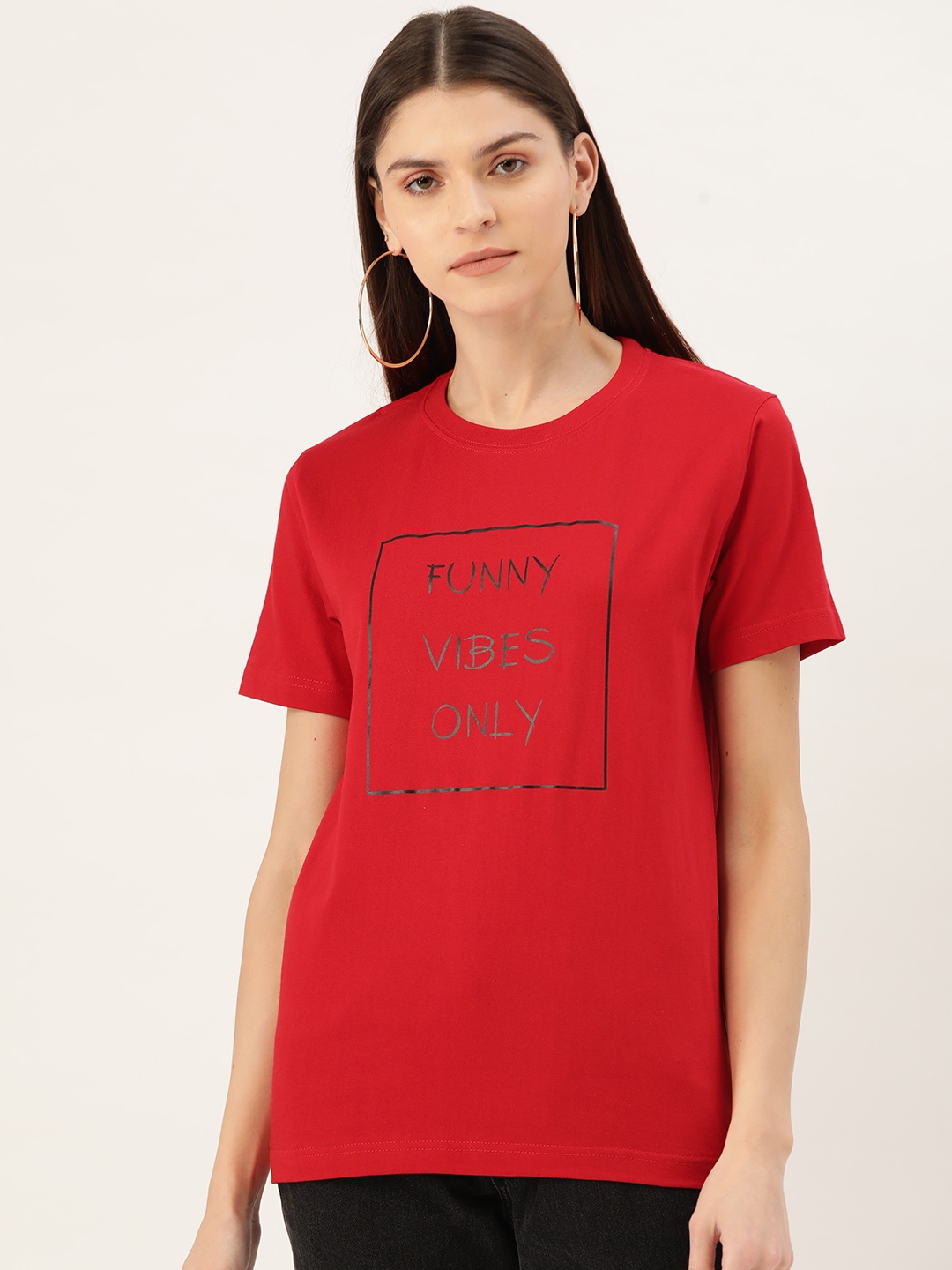 

YOLOCLAN Women Red Printed Round Neck T-shirt