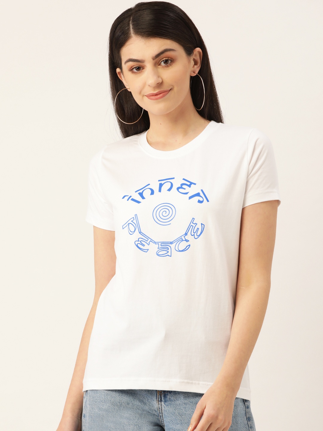 

YOLOCLAN Women White & Blue Printed Round Neck T-shirt