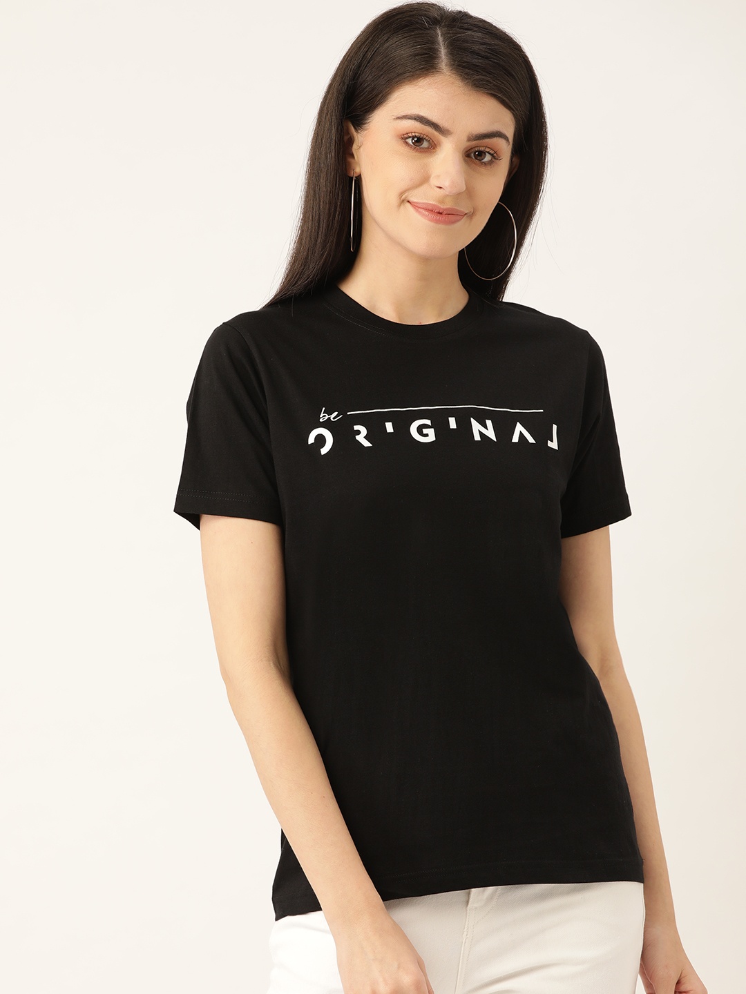 

YOLOCLAN Women Black White Printed Round Neck Pure Cotton T-shirt