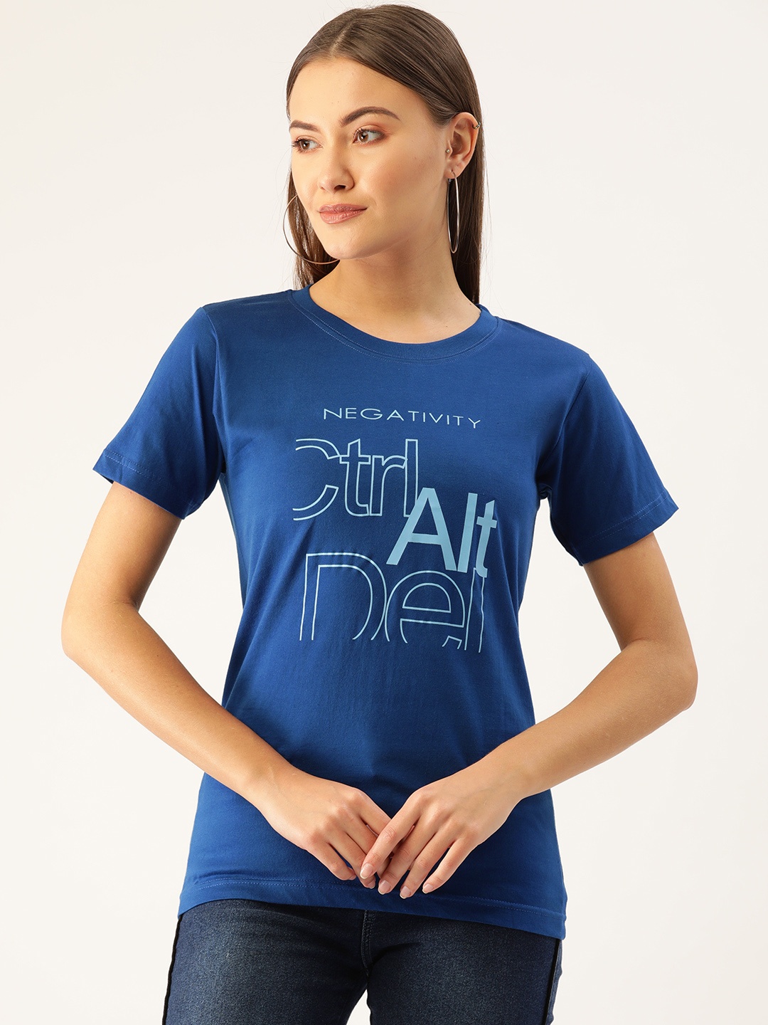

YOLOCLAN Women Blue Printed Round Neck T-shirt