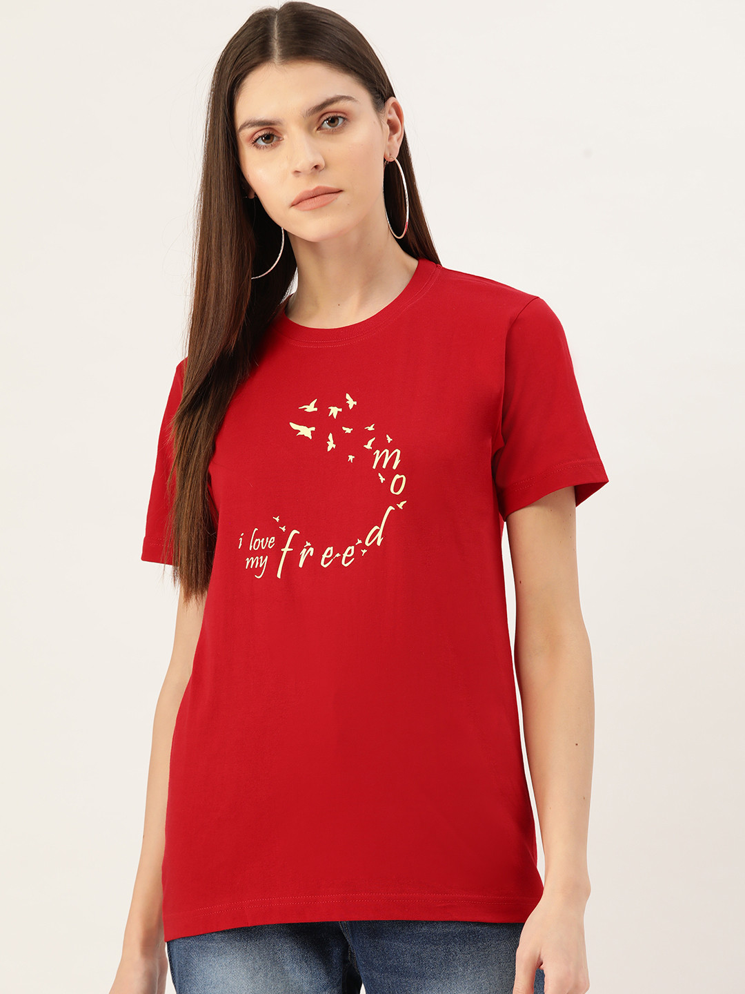 

YOLOCLAN Women Red & Cream-Coloured Printed Round Neck T-shirt