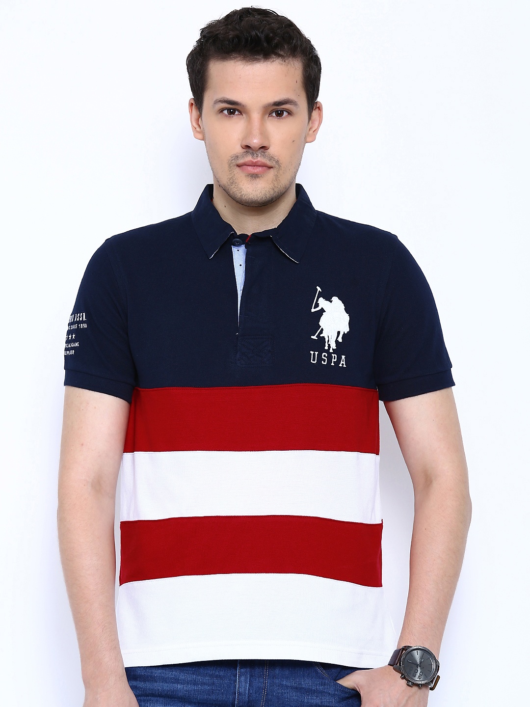 

U.S. Polo Assn. Navy Red Colourblocked Polo Pure Cotton T-shirt, Navy blue