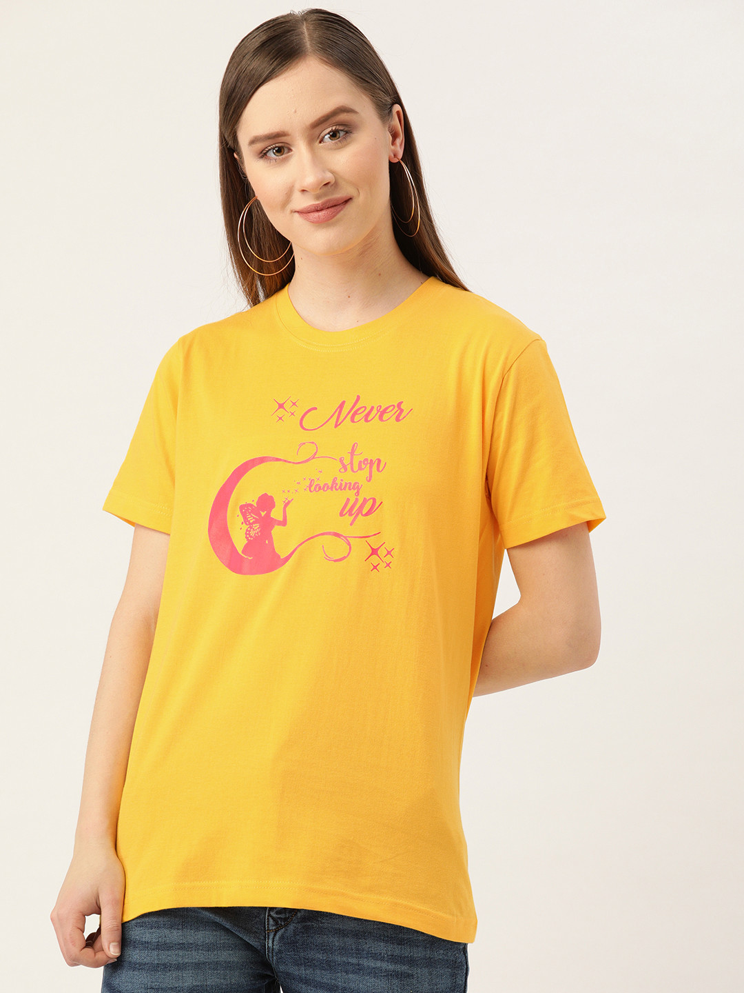 

YOLOCLAN Women Yellow Pink Printed Round Neck Pure Cotton T-shirt
