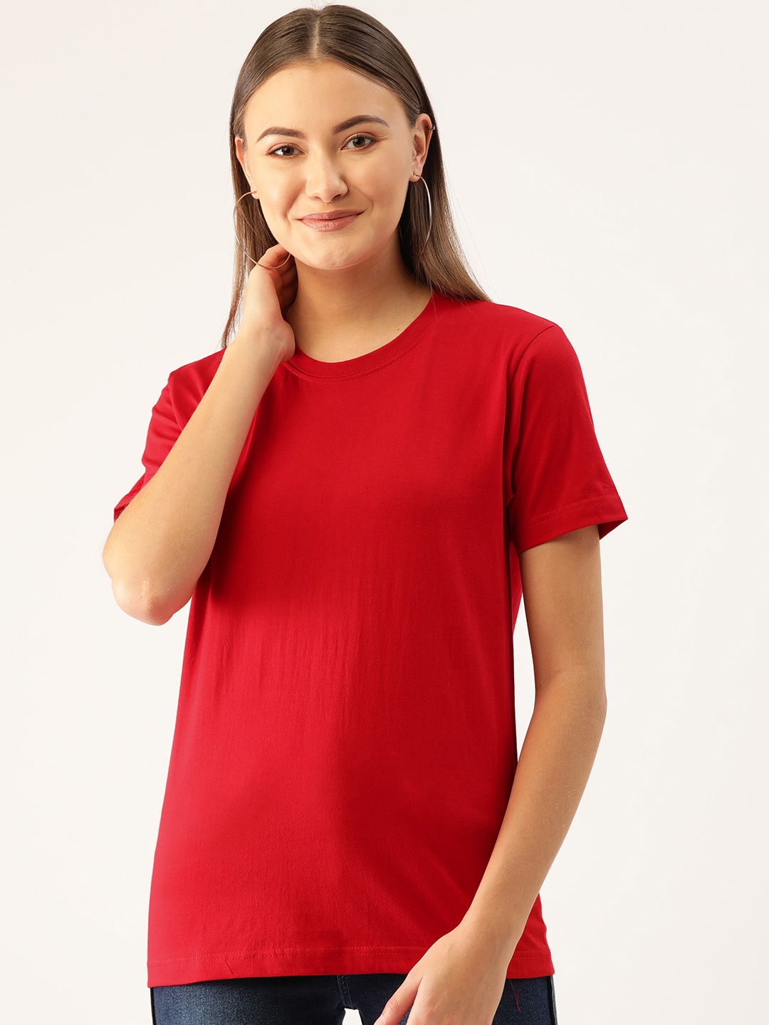 

YOLOCLAN Women Red Solid Round Neck T-shirt